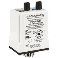VAKP048D | Voltage monitor relay for 48 VDC | 10 Amp relay | DPDT | Adj Pick up and Drop out | Adj dropout delay 0.1-10 seconds | plug-in | Macromatic