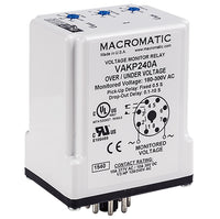 VAKP240A | Voltage monitor relay for 240 VAC | 10 Amp relay | DPDT | Adj Pick up and Drop out | Adj dropout delay 0.1-10 seconds | plug-in | Macromatic