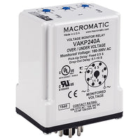 VAKP480A | Voltage monitor relay for 480 VAC | 10 Amp relay | DPDT | Adj Pick up and Drop out | Adj dropout delay 0.1-10 seconds | plug-in | Macromatic