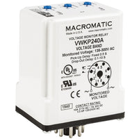 VWKP240A | Voltage band relay for 240 VAC | 10 Amp relay | DPDT | Adj Pick up and Drop out | Adj dropout delay 0.1-10 seconds | plug-in | Macromatic