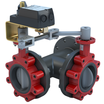 Bray 3LSE-25S38/DM24-210-A Butterfly Valve | 3 Way | Flow Configuration 8 | 2.5 Inch | Stainless Disc | 175 PSI | 24 VAC/DC Non-Spring Return Actuator | With Aux. Switch | Modulating Control  | Blackhawk Supply