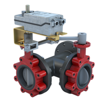 3LNE-02S35/DS24-180-A | Butterfly Valve | 3 Way | Flow Configuration 5 | 2 Inch | Nylon Coated Disc | 175 PSI | 24 VAC/DC Spring Return Actuator | With Aux. Switch | On-Off Control | Bray