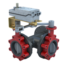 Bray 3LSE-02S34/DMS24-180-A Butterfly Valve | 3 Way | Flow Configuration 4 | 2 Inch | Stainless Disc | 175 PSI | 24 VAC/DC Spring Return Actuator | With Aux. Switch | Modulating Control  | Blackhawk Supply