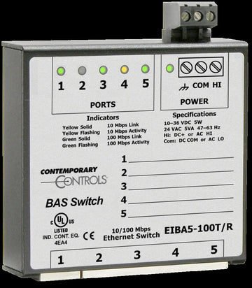 Contemporary Controls EIBA5-100T/R 5-Port 10/100Mbps DIN-rail Mount BAS Switch  | Blackhawk Supply