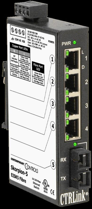 Contemporary Controls EISK5-100T/FCS Skorpion 4-Port 10/100Mbps 1-Port SM SC-fiber Switch  | Blackhawk Supply