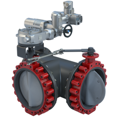 Bray 3LNE-20S34/AU-4068 Butterfly Valve | 3 Way | Flow Configuration 4 | 20 Inch | Nylon Coated Disc | 150 PSI | 120 VAC Non-Spring Return Actuator | On-Off Control  | Blackhawk Supply