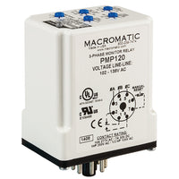 PMP120 | 3-phase monitor relay | 120 VAC | 8 pin plug-in | 10 Amp SPDT relay | phase loss | reversal - fixed | unbalance | over/under voltage - adjustable | Macromatic