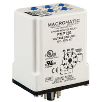 PMP120-X | None | 102-138V AC | 5A SPDT + 5A SPNO | Phase Loss; Phase Reversal; Voltage Unbalance; Undervoltage & Overvoltage | Plug-in | Additional SPNO Contact for Signaling Secondary System; | Macromatic