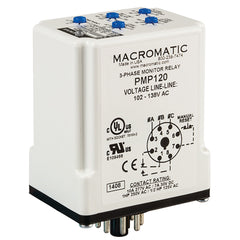 Macromatic PMP120 3-phase monitor relay | 120 VAC | 8 pin plug-in | 10 Amp SPDT relay | phase loss | reversal - fixed | unbalance | over/under voltage - adjustable  | Blackhawk Supply