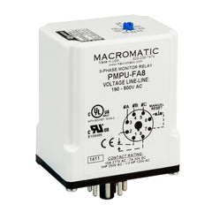 Macromatic PMPU-FA8X 3-phase monitor relay | 190-500 VAC | 8 pin plug-in 5 Amp SPDT and SPNO relay | phase loss | reversal | unbalance | over/under voltage - fixed  | Blackhawk Supply