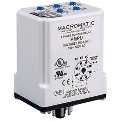 Macromatic PMPU-X 3-phase monitor relay | 190-500 VAC | 8 pin plug-in 10 Amp SPDT / SPNO relay | phase loss | reversal - fixed | unbalance | over/under voltage - adjustable  | Blackhawk Supply