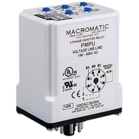 PMPU | 3-phase monitor relay | 190-500 VAC | 8 pin plug-in 10 Amp SPDT relay | phase loss | reversal - fixed | unbalance | over/under voltage - adjustable | Macromatic