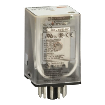 Square D 8501KPR13P14V20 8501K General Purpose Plug-in Relay, 11 pin plug-in, 3 Poles, DPDT, 120V AC  | Blackhawk Supply