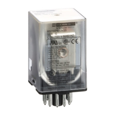 Square D 8501KPR13V20 8501K General Purpose Plug-in Relay, Socket, 3PDT, 120V AC, 1 HP at 277V, 3A  | Blackhawk Supply