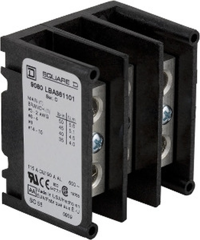 Square D 9080LBA361101 Miniature Power Distribution Block, 115A-90A (Cu-Al), 600VAC, 3-Pole  | Blackhawk Supply