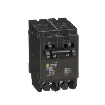 Square D HOMT2020240 Tandem miniature circuit breaker, Homeline, 2 x 1 pole at 20A, 1 x 2 pole at 40A, 120/240 VAC, 10 kA AIR, plug in  | Blackhawk Supply