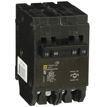 Square D HOMT215250 Quad tandem mini circuit breaker, Homeline, 1 x 2 pole at 15A, 1 x 2 pole at 50A, 120/240 VAC, 10 kA AIR, plug in mount  | Blackhawk Supply