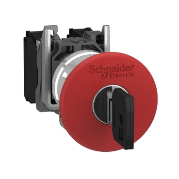 Square D XB4BS9445 Emergency stop switching off, Harmony XB4, metal, red mushroom, 40mm, 22mm, trigger latching key release, 1NO+1NC  | Blackhawk Supply