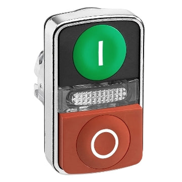 Square D ZB4BW7L3741 Harmony XB4, Illuminated double-headed push button head, metal, Ø22, marked, 1 green flush I + 1 pilot light + 1 red projecting O  | Blackhawk Supply