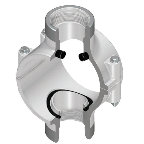 Spears 469-525SR 6X1 PVC CLAMP SADDLE DOUBLE OUTLET REINFORCED FEMALE THREAD BUNA ZINC BOLT  | Blackhawk Supply