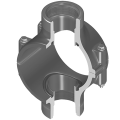 Spears 869-582SR 8X4 PVC CLAMP SADDLE DOUBLE OUTLET REINFORCED FEMALE THREAD EPDM ZINC BOLT  | Blackhawk Supply