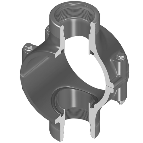 Spears 869-523SR 6X1/2 PVC CLAMP SADDLE DOUBLE OUTLET REINFORCED FEMALE THREAD EPDM ZN  | Blackhawk Supply