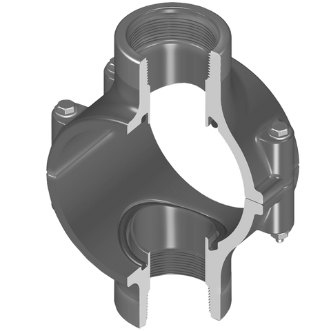 Spears 869S-664SR 12X4 PVC CLAMP SADDLE DOUBLE OUTLET REINFORCED FEMALE THREAD EPDM SS  | Blackhawk Supply