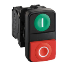 Square D XB5AL73415 Harmony Green Flush/Red Projecting Illuminated Double-Headed Pushbutton, 22mm, 1 NO + 1 NC, 600V Pack of 100 | Blackhawk Supply