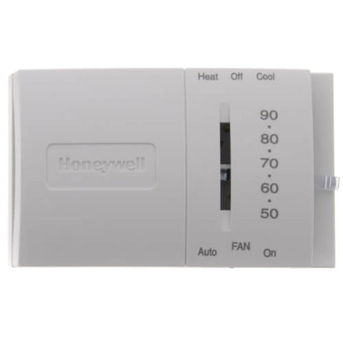 Resideo T8034N1007 HORIZONTAL 1HEAT/1 COOL MECHANICAL THERMOSTAT. TERMINALS: R, RC, G, Y, W, O, B. SCALE: 50-90F. SYSTEM SWITCH: HEAT-OFF-COOL. FAN: ON-AUTO.  | Blackhawk Supply