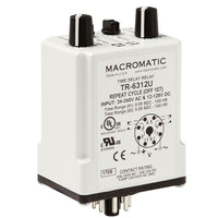 TR-6312U | Repeat Cycle off first | 12-125V DC 24-240VAC | 10 amp DPDT | 50ms-100 Hrs | Plug-in | Macromatic