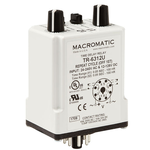 Macromatic TR-6512U Repeat Cycle on first | 12-125V DC 24-240VAC | 10 amp DPDT | 50ms-100 Hrs | Plug-in | Blackhawk Supply