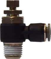 20727C | 1/4 X 1/8 MALE ELBOW W/ FLOW CONTROL VAL, Brass Fittings, Composite Body Push In Fittings, Right Angle Flow Control Meter In | Midland Metal Mfg.