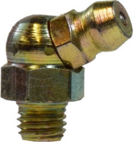 36147 | 1/4-28 TAPER 65 ELBOW, Brass Fittings, Steel Grease Fittings, Short 45 Degree Ball Check | Midland Metal Mfg.