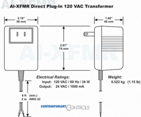Contemporary Controls AI-XFMR WALL-MOUNT TRANSFORMER 120VAC (nom)  | Blackhawk Supply