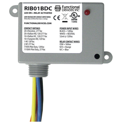 Functional Devices RIB01BDC Enclosed Relay, Class 2 Dry Contact input,120Vac pwr, 20A SPDT  | Blackhawk Supply