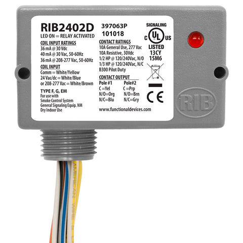 Functional Devices RIB2402D Enclosed Relay 10Amp DPDT 24Vac/dc/208-277Vac  | Blackhawk Supply