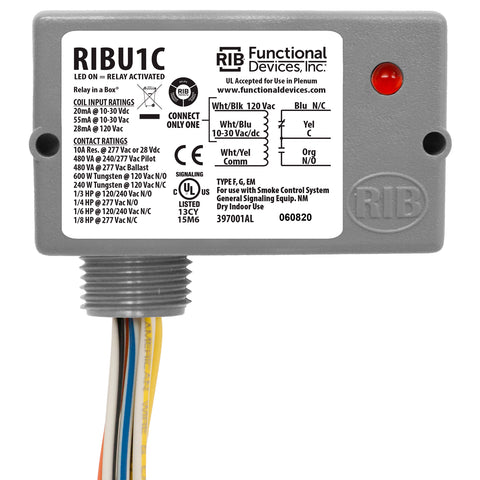 Functional Devices RIBU1C Enclosed Relay 10Amp SPDT 10-30Vac/dc/120Vac  | Blackhawk Supply
